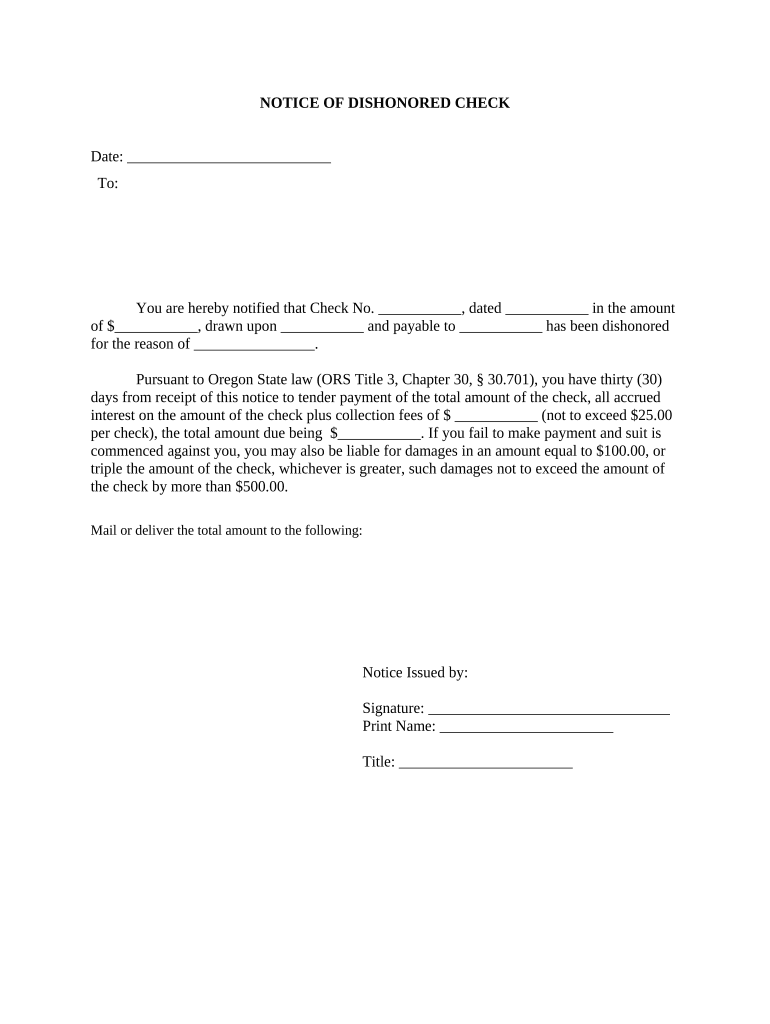 Notice of Dishonored Check - Civil - Keywords: bad check, bounced check - Oregon Preview on Page 1