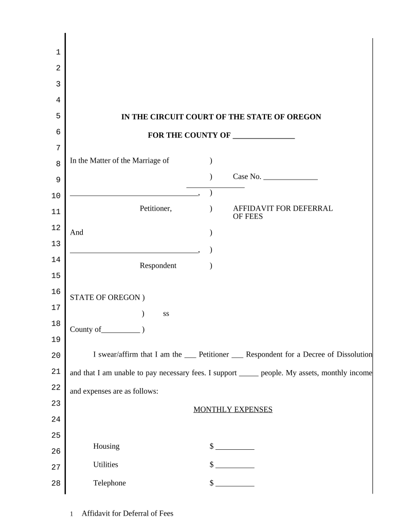 Affidavit for Deferral of Fees with emphasis on expenses versus income - Oregon Preview on Page 1