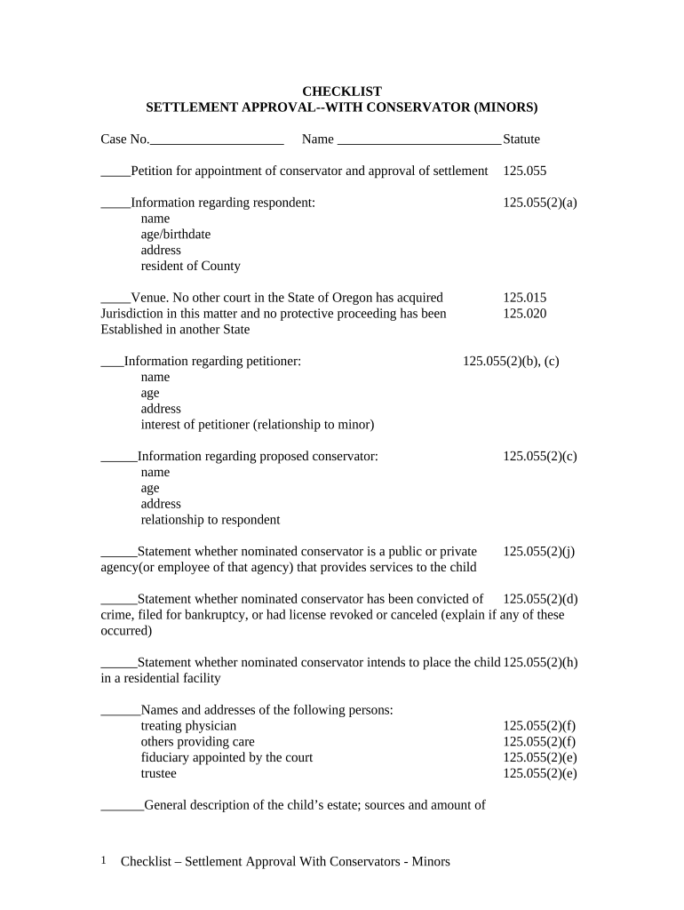 Checklist Settlement Approval w Minors - Oregon Preview on Page 1