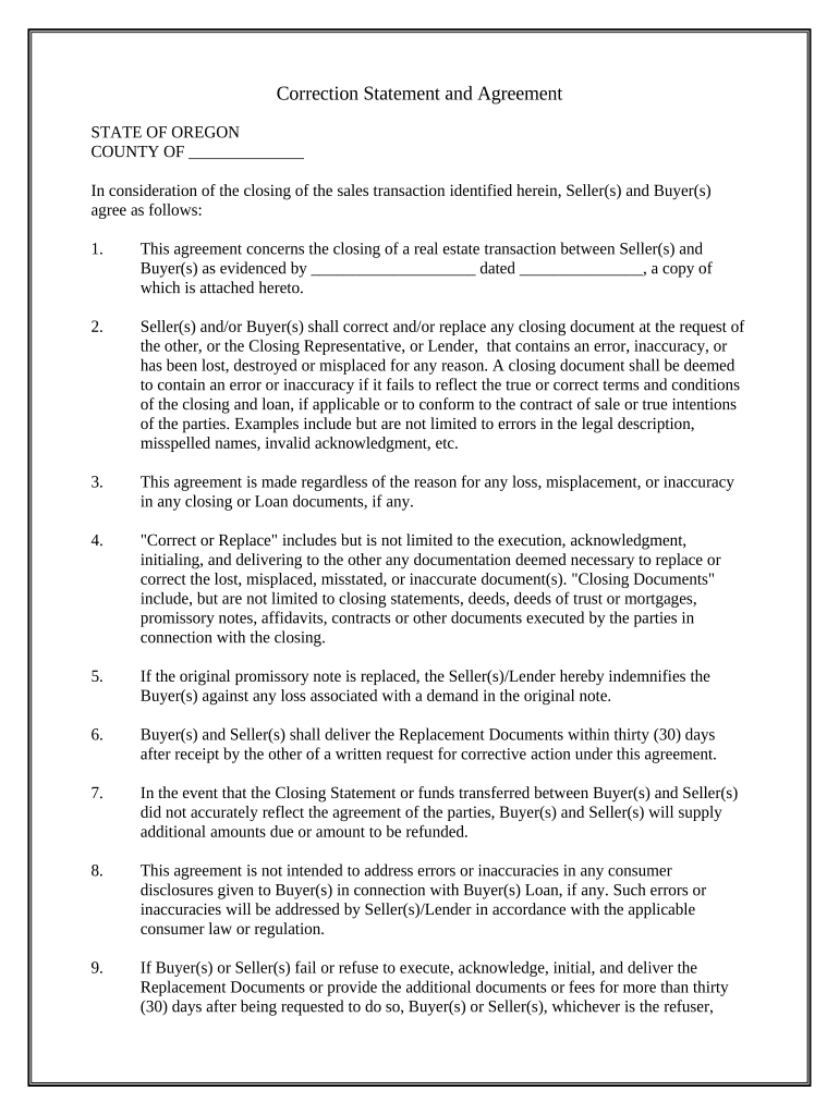 Correction Statement and Agreement - Oregon Preview on Page 1