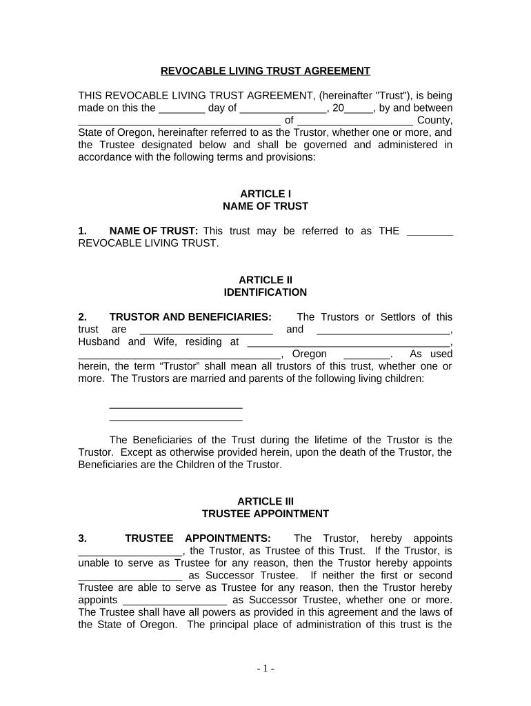 Living Trust for Husband and Wife with Minor and or Adult Children - Oregon Preview on Page 1
