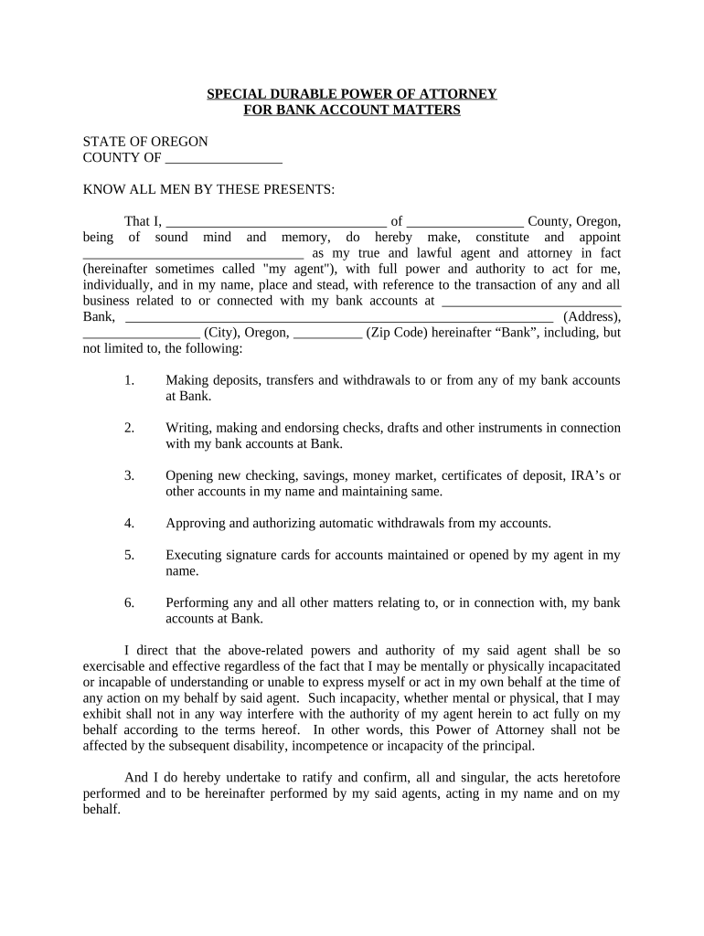 Special Durable Power of Attorney for Bank Account Matters - Oregon Preview on Page 1.