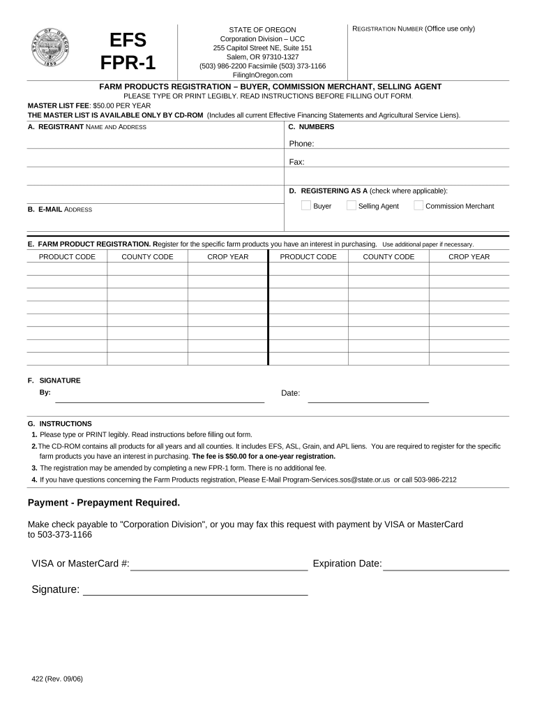 Oregon EFS FPR-1 Farm Products Registration - Buyer, Commission Merchant, Selling - Oregon Preview on Page 1