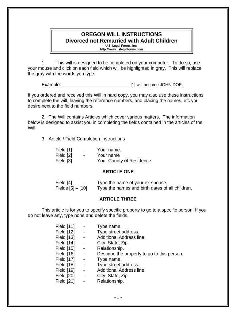 Legal Last Will and Testament Form for Divorced person not Remarried with Adult Children - Oregon Preview on Page 1