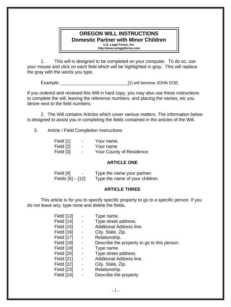 Legal Last Will and Testament Form for Domestic Partner with Minor Children - Oregon Preview on Page 1