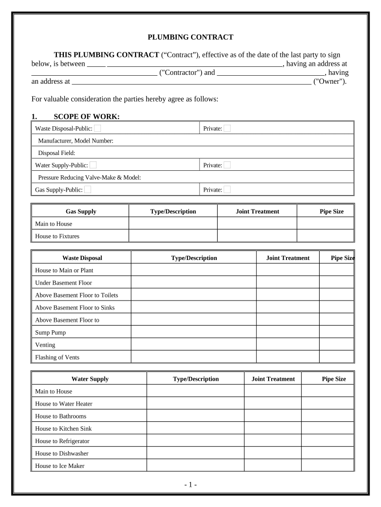 Plumbing Contract for Contractor - Pennsylvania Preview on Page 1.