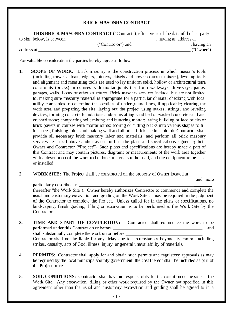 Brick Mason Contract for Contractor - Pennsylvania Preview on Page 1.