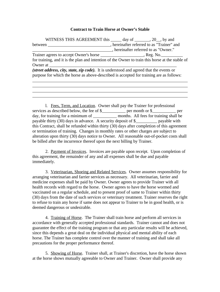 Contract to Train Horse at Owner&#039;s Stable - Pennsylvania Preview on Page 1