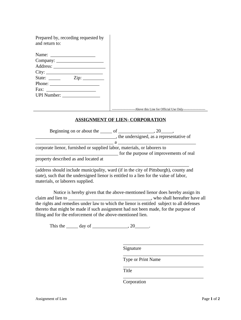 Assignment of Lien - Corporation or LLC - Pennsylvania Preview on Page 1