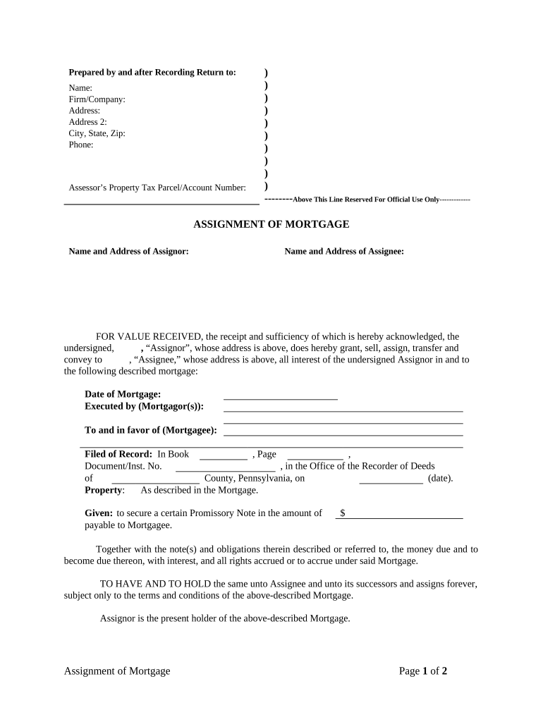 Assignment of Mortgage by Individual Mortgage Holder - Pennsylvania Preview on Page 1