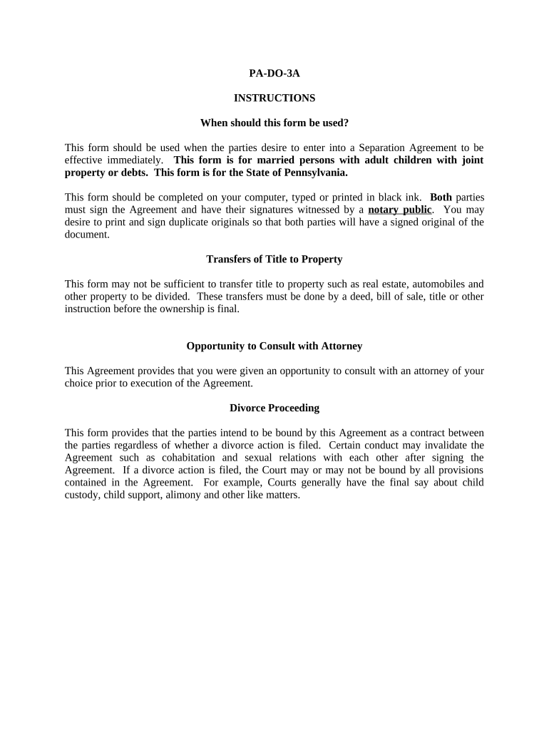 Marital Domestic Separation and Property Settlement Agreement Adult Children Parties May have Joint Property or Debts effective Immediately - Pennsylvania Preview on Page 1