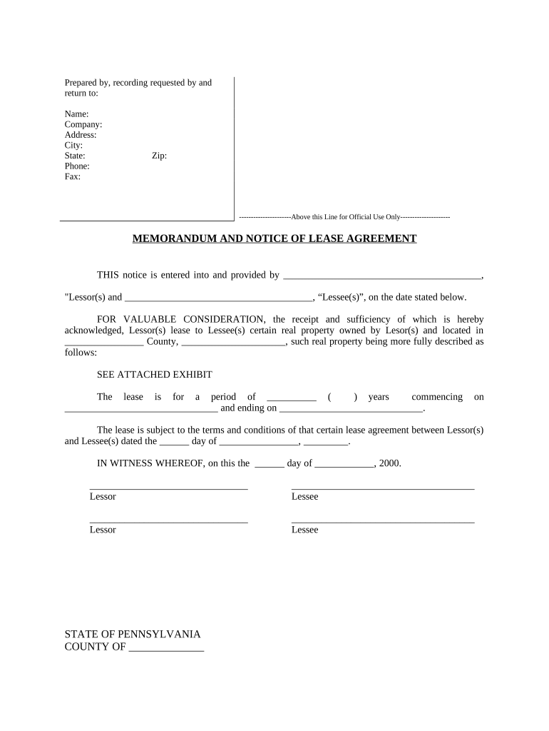 Notice of Lease for Recording - Pennsylvania Preview on Page 1