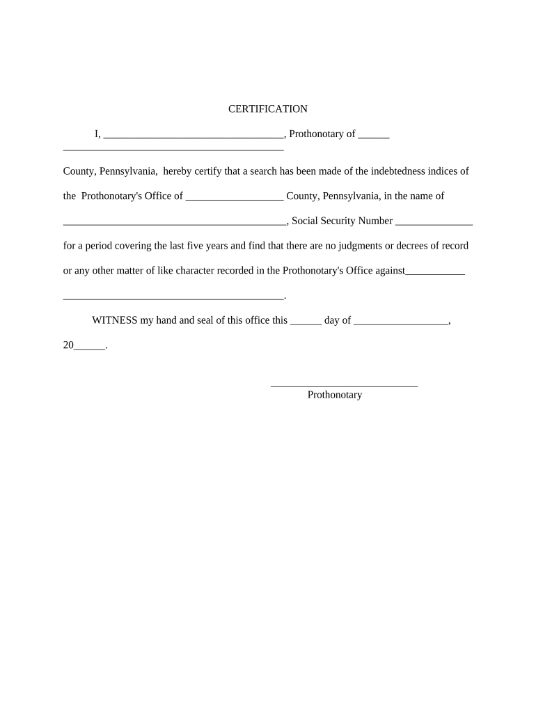 Certification - Prothonotary for Adult Name Change - Pennsylvania Preview on Page 1