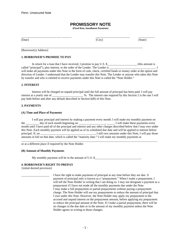 promissory note template pennsylvania Preview on Page 1.