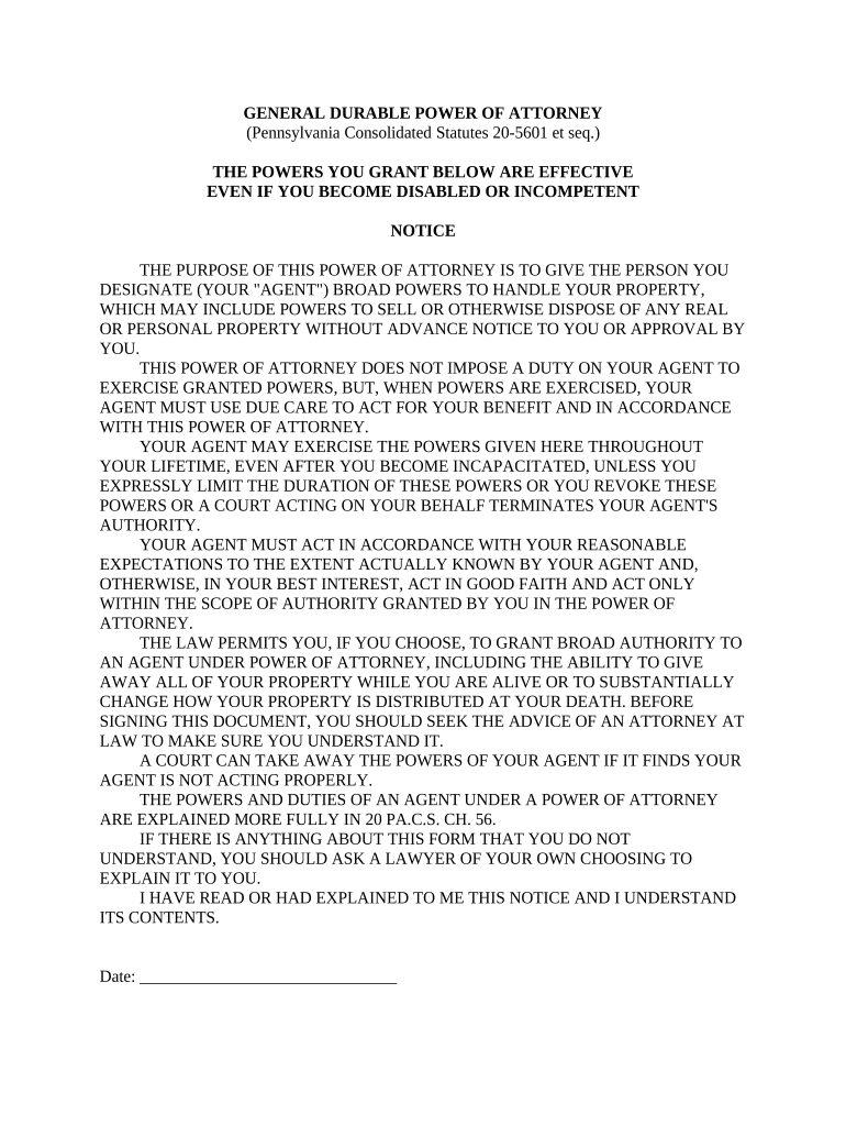 General Durable Power of Attorney for Property and Finances or Financial Effective upon Disability - Pennsylvania Preview on Page 1