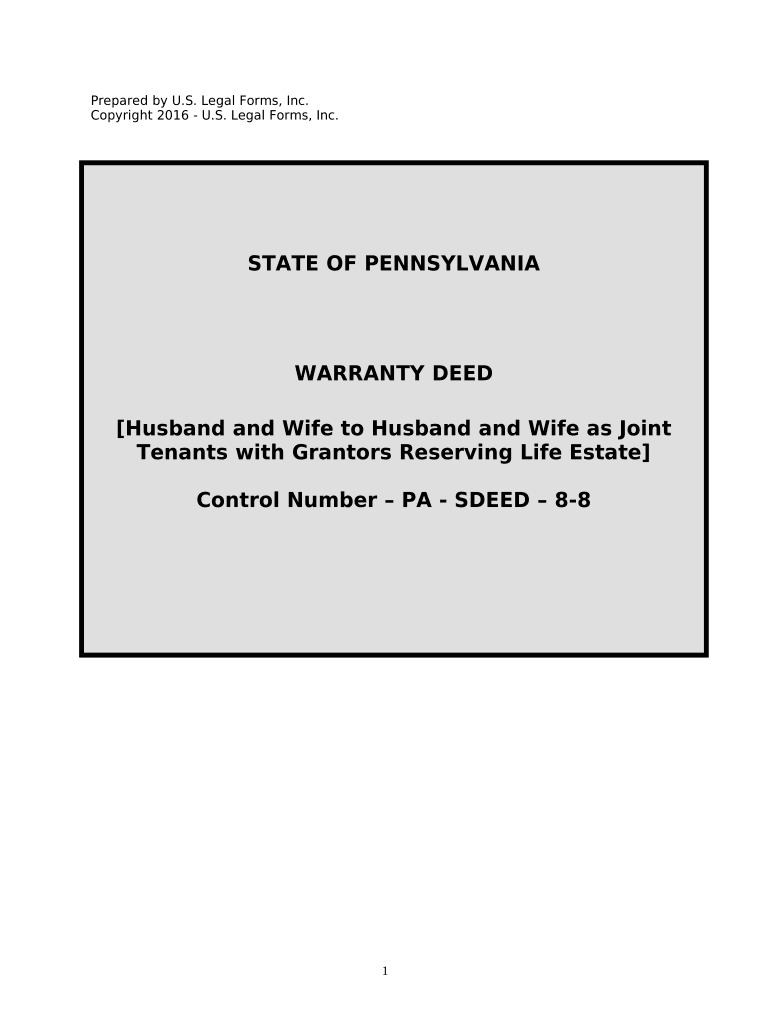 Warranty Deed for Husband and Wife to Husband and Wife as Joint Tenants with Grantors Reserving Life Estate - Pennsylvania Preview on Page 1