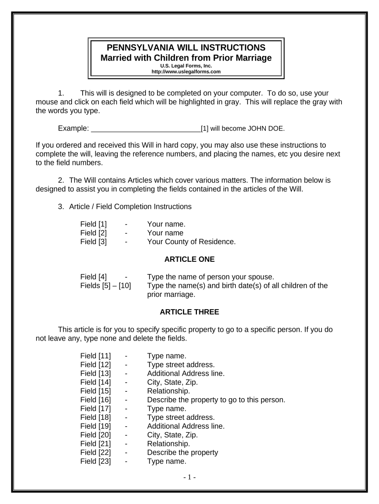 Legal Last Will and Testament for Married person with Minor Children from Prior Marriage - Pennsylvania Preview on Page 1