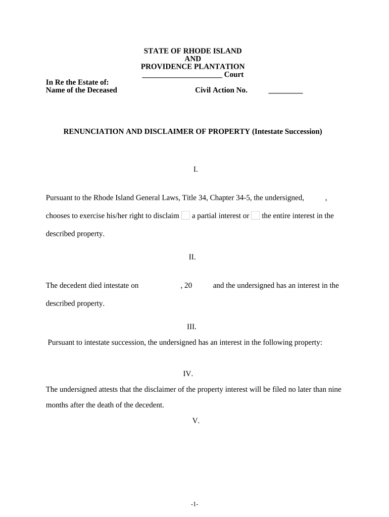Renunciation And Disclaimer of Property received by Intestate Succession - Rhode Island Preview on Page 1