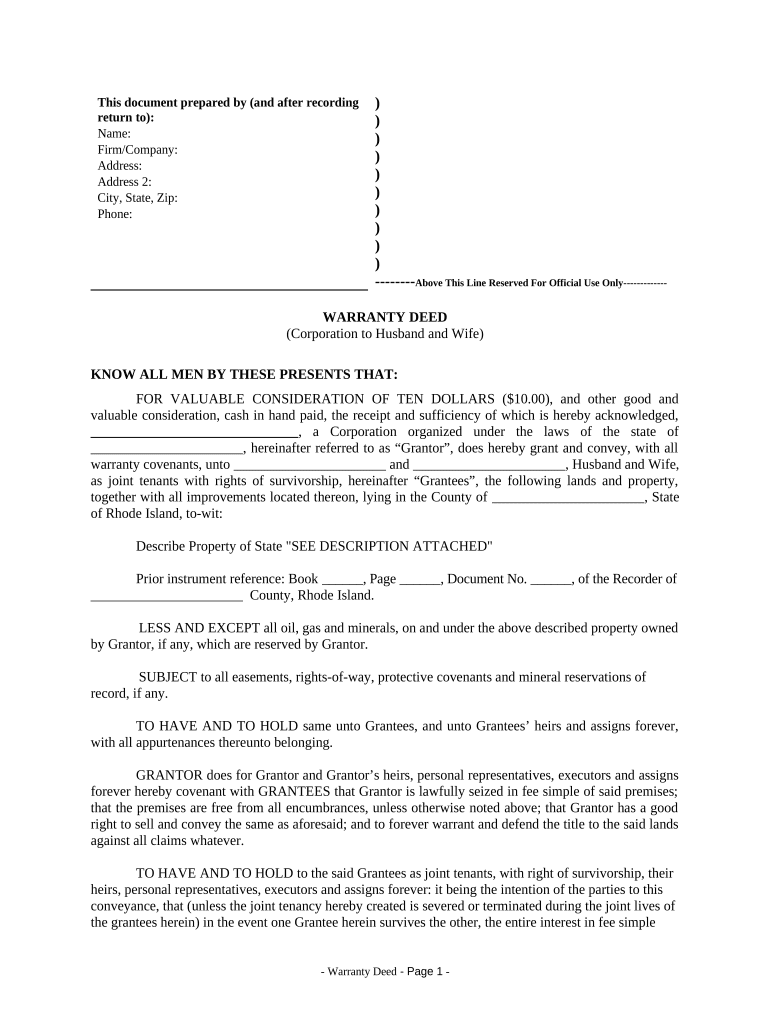 Warranty Deed from Corporation to Husband and Wife - Rhode Island Preview on Page 1