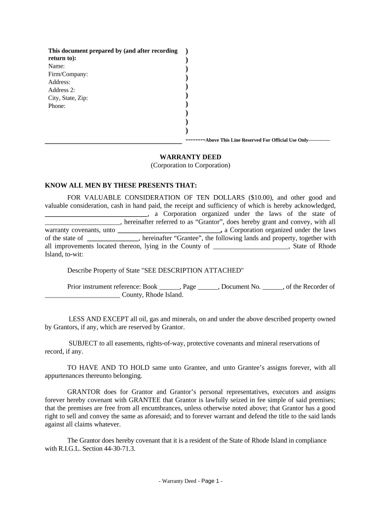 Warranty Deed from Corporation to Corporation - Rhode Island Preview on Page 1.