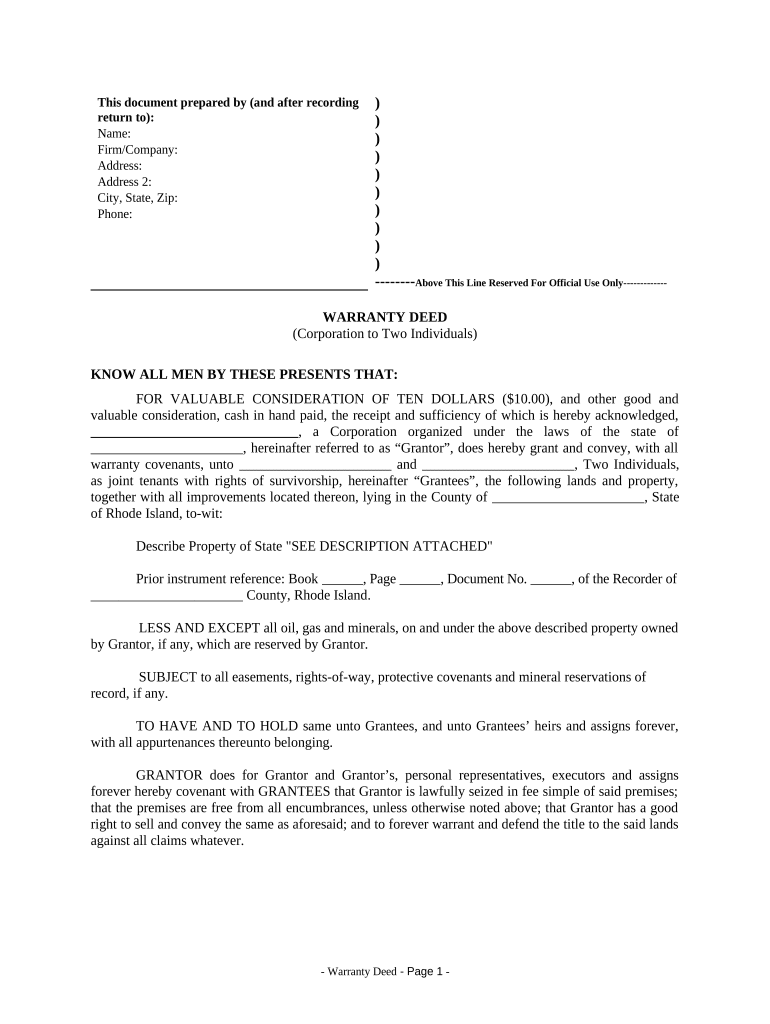 Warranty Deed from Corporation to Two Individuals - Rhode Island Preview on Page 1.