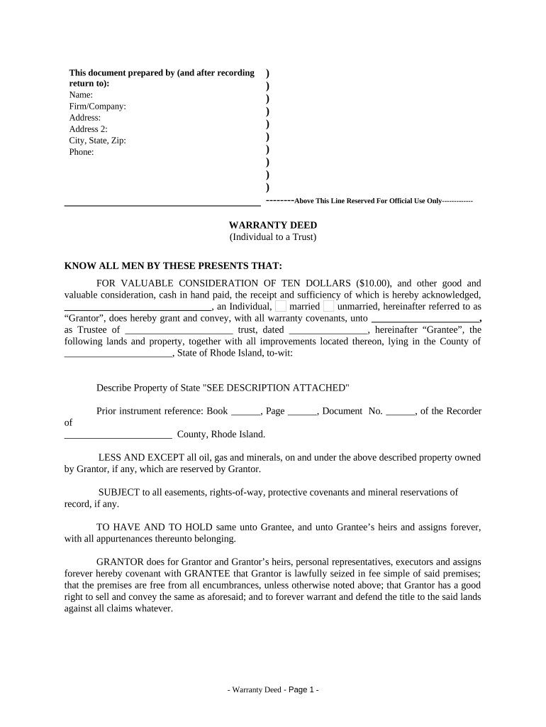 Warranty Deed from Individual to a Trust - Rhode Island Preview on Page 1.