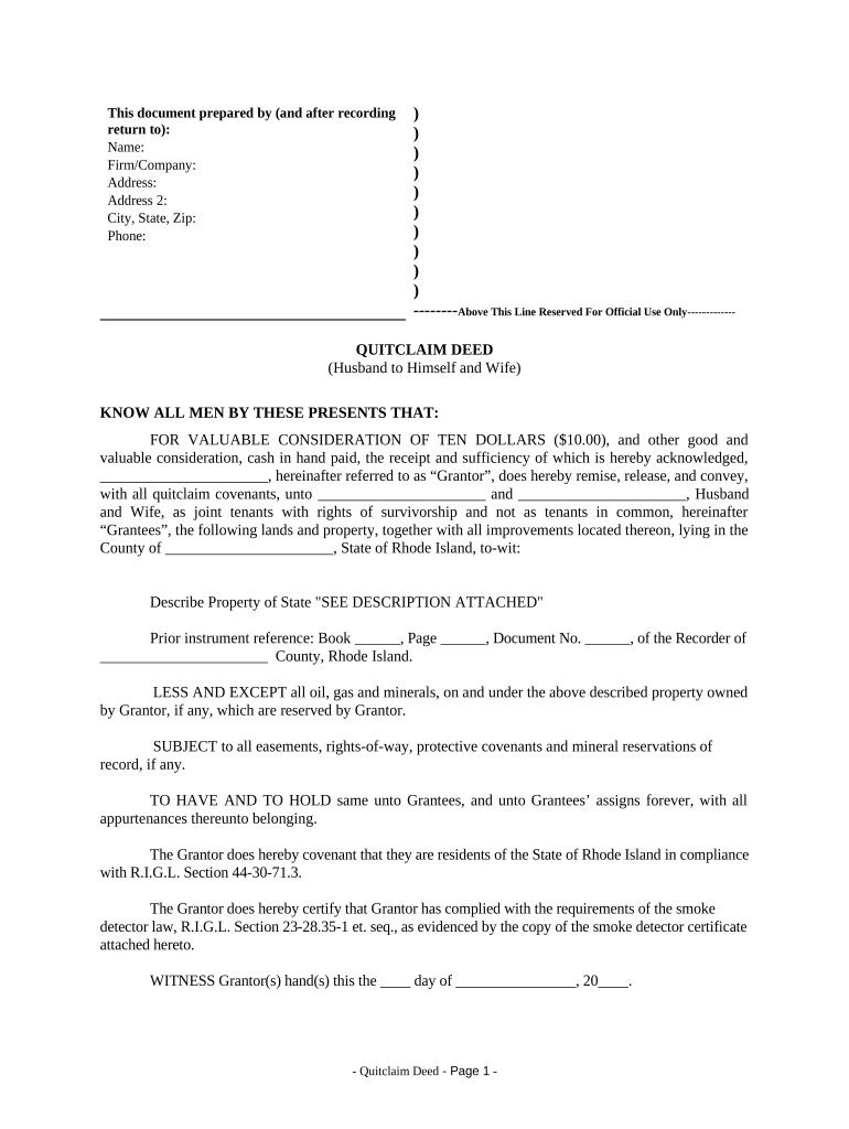 Quitclaim Deed from Husband to Himself and Wife - Rhode Island Preview on Page 1