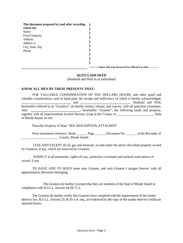 Quitclaim Deed from Husband and Wife to an Individual - Rhode Island Preview on Page 1.