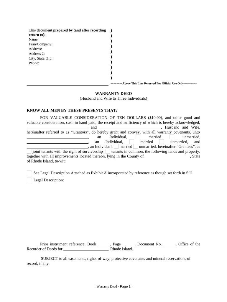 Warranty Deed - Husband and Wife to Three Individuals - Rhode Island Preview on Page 1