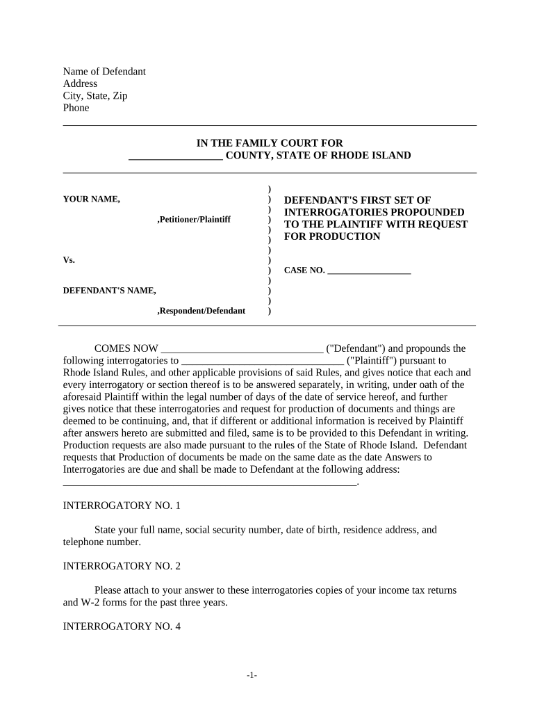 Discovery Interrogatories from Defendant to Plaintiff with Production Requests - Rhode Island Preview on Page 1