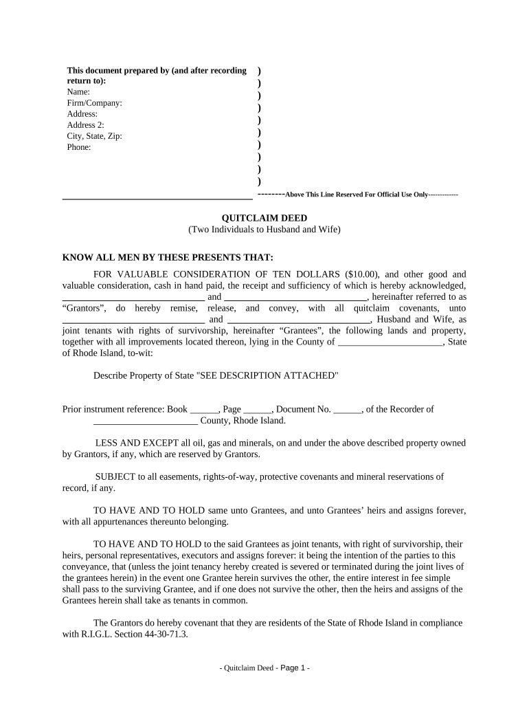 Quitclaim Deed by Two Individuals to Husband and Wife - Rhode Island Preview on Page 1.