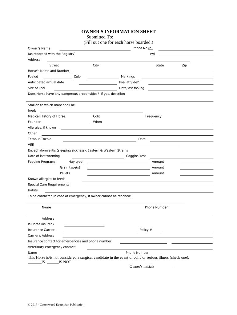 Owner's Information Sheet Horse Equine Forms Rhode Island Fill out