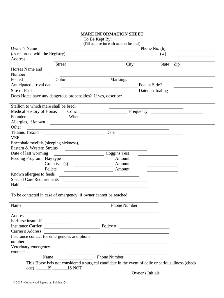 Mare Information Sheet Horse Equine Forms Rhode Island Fill out