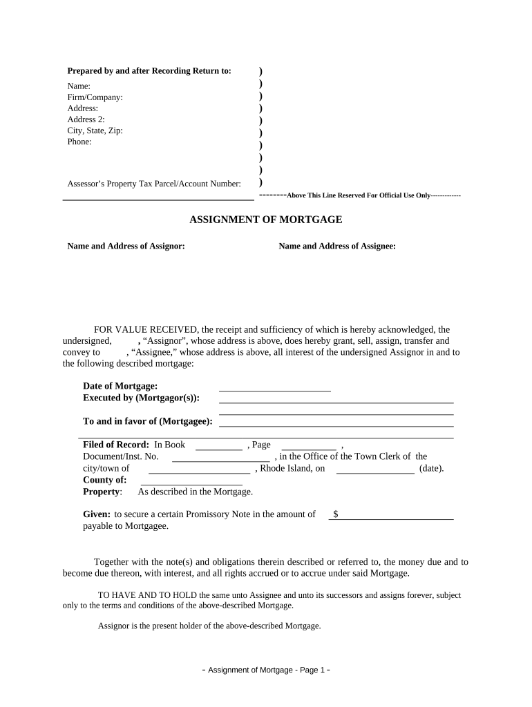 Assignment of Mortgage by Corporate Mortgage Holder - Rhode Island Preview on Page 1