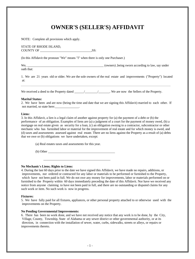 Owner&#039;s or Seller&#039;s Affidavit of No Liens - Rhode Island Preview on Page 1