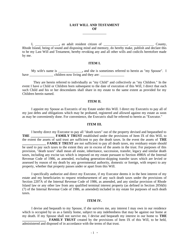 Complex Will with Credit Shelter Marital Trust for Large Estates - Rhode Island Preview on Page 1