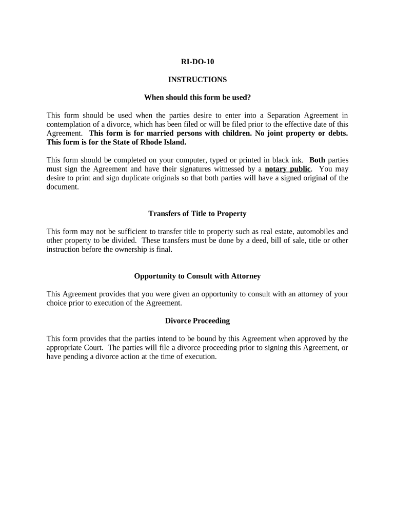 Marital Domestic Separation and Property Settlement Agreement Minor Children no Joint Property or Debts where Divorce Action Filed - Rhode Island Preview on Page 1