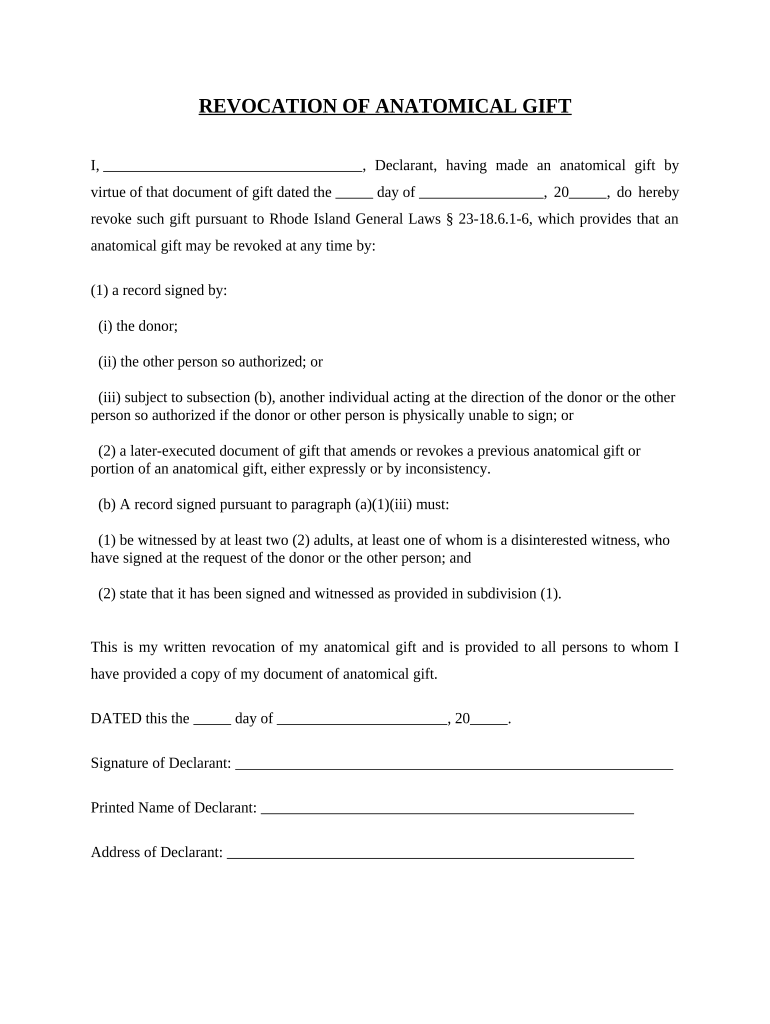 Revocation of Anatomical Gift Donation - Rhode Island Preview on Page 1