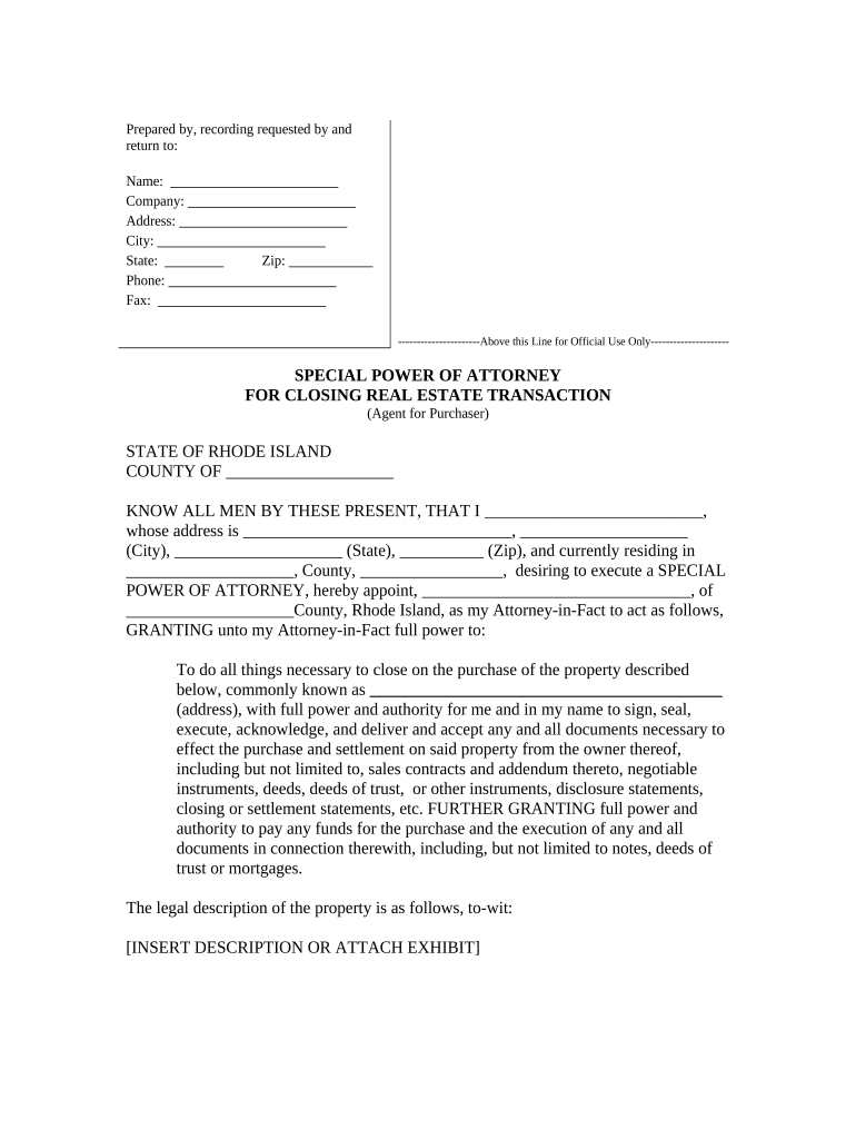 Special or Limited Power of Attorney for Real Estate Purchase Transaction by Purchaser - Rhode Island Preview on Page 1