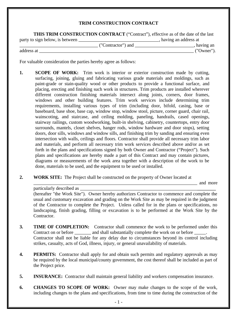 Trim Carpenter Contract for Contractor - South Carolina Preview on Page 1