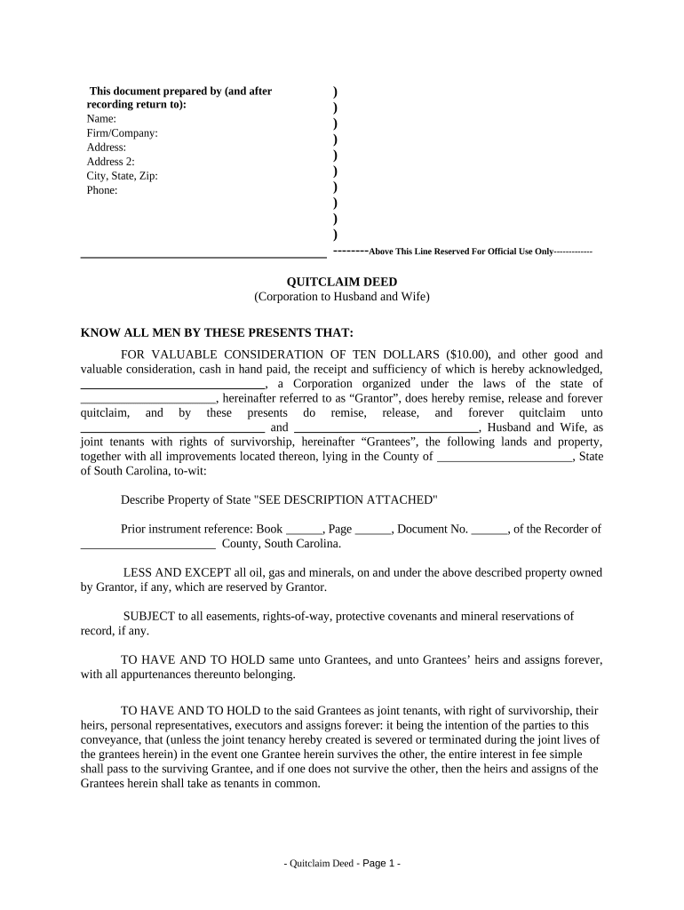 Quitclaim Deed from Corporation to Husband and Wife - South Carolina Preview on Page 1