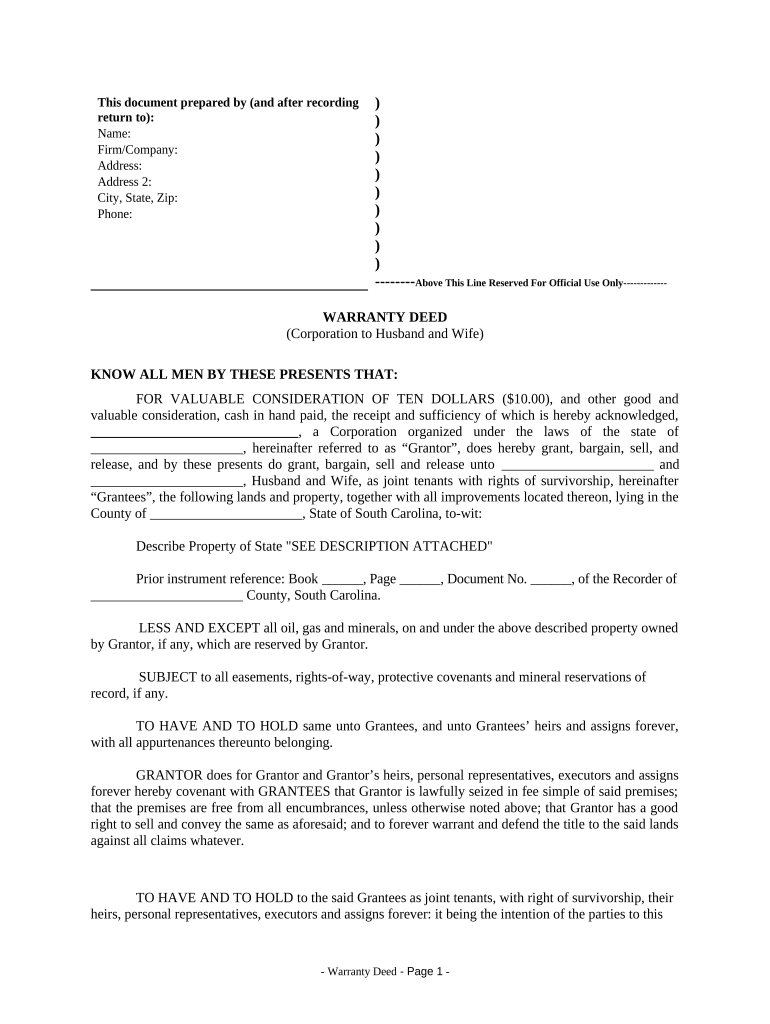 Warranty Deed from Corporation to Husband and Wife - South Carolina Preview on Page 1