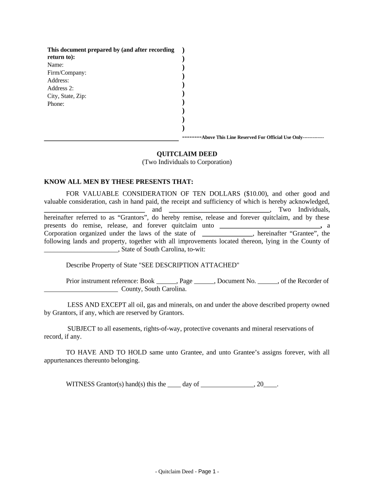 quit claim deed form south carolina Preview on Page 1.