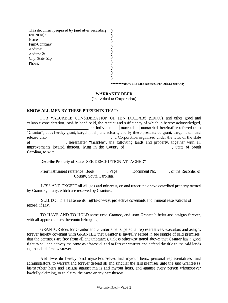 south carolina warranty deed Preview on Page 1