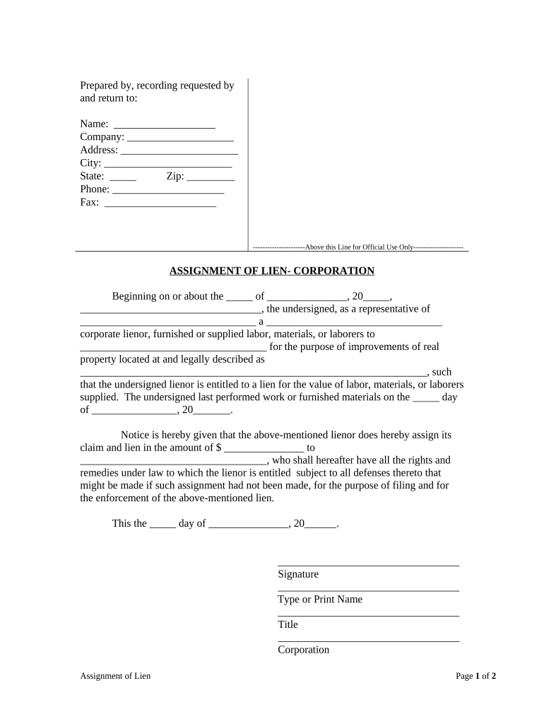 Assignment of Claim of Lien - Corporation or LLC - South Carolina Preview on Page 1