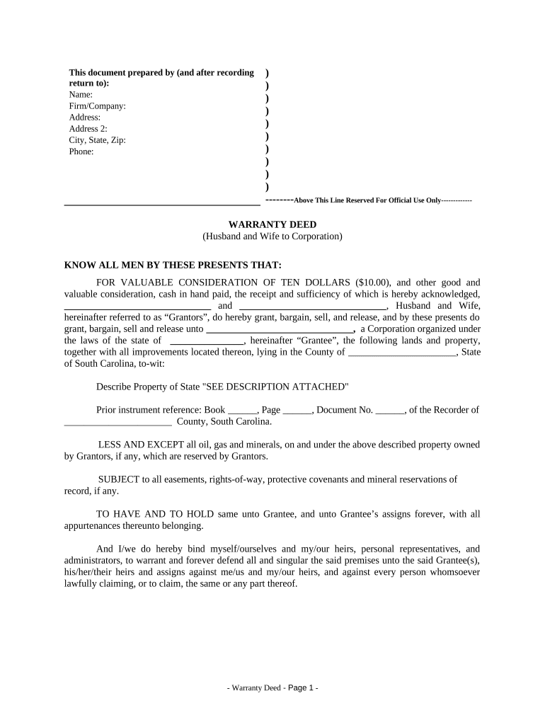 Warranty Deed from Husband and Wife to Corporation - South Carolina Preview on Page 1