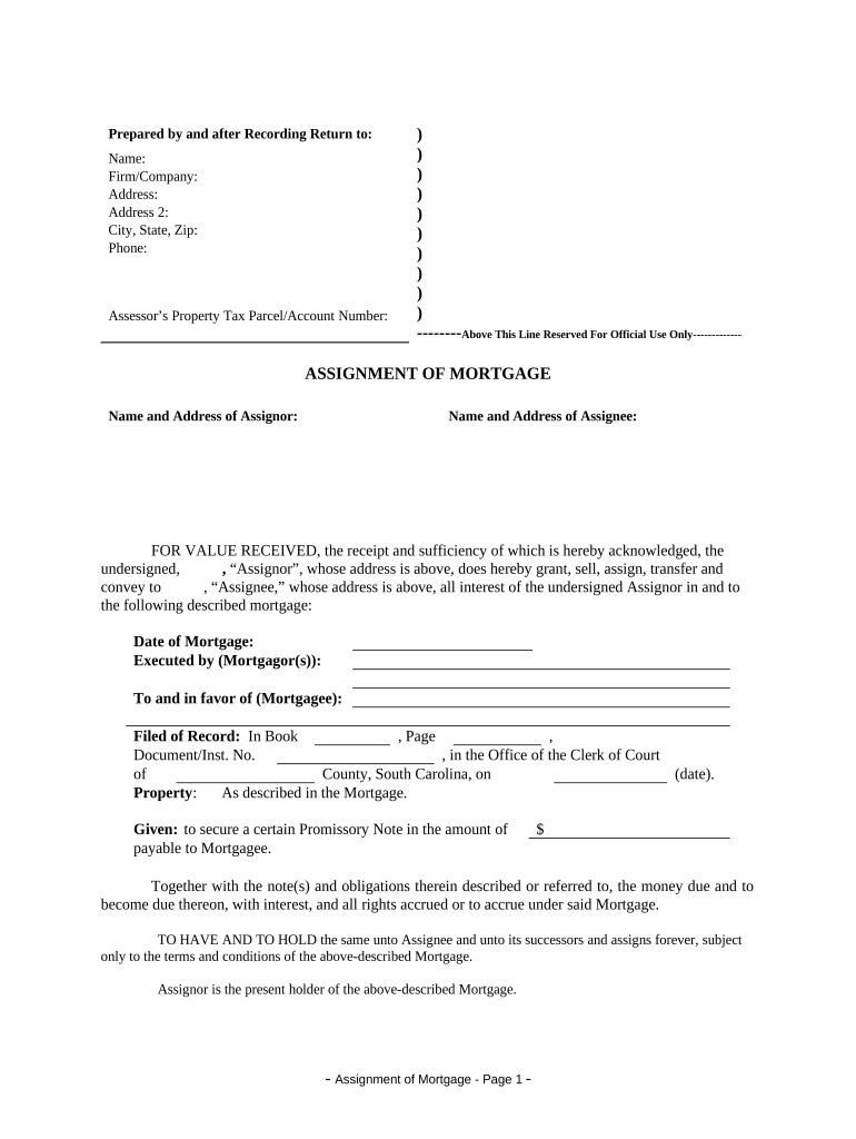 Assignment of Mortgage by Individual Mortgage Holder - South Carolina Preview on Page 1