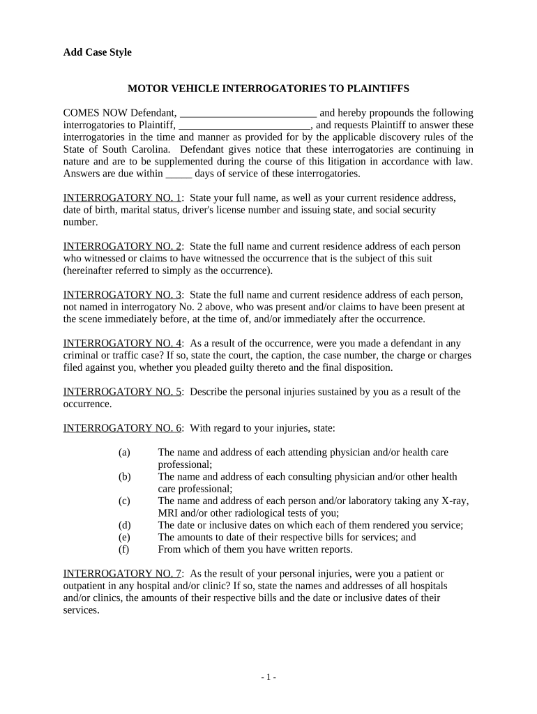 Interrogatories to Plaintiff for Motor Vehicle Occurrence - South Carolina Preview on Page 1