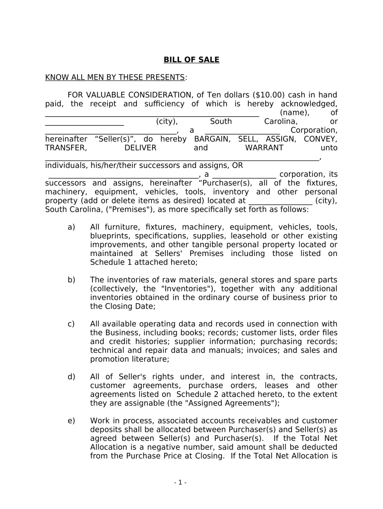 Bill of Sale in Connection with Sale of Business by Individual or Corporate Seller - South Carolina Preview on Page 1