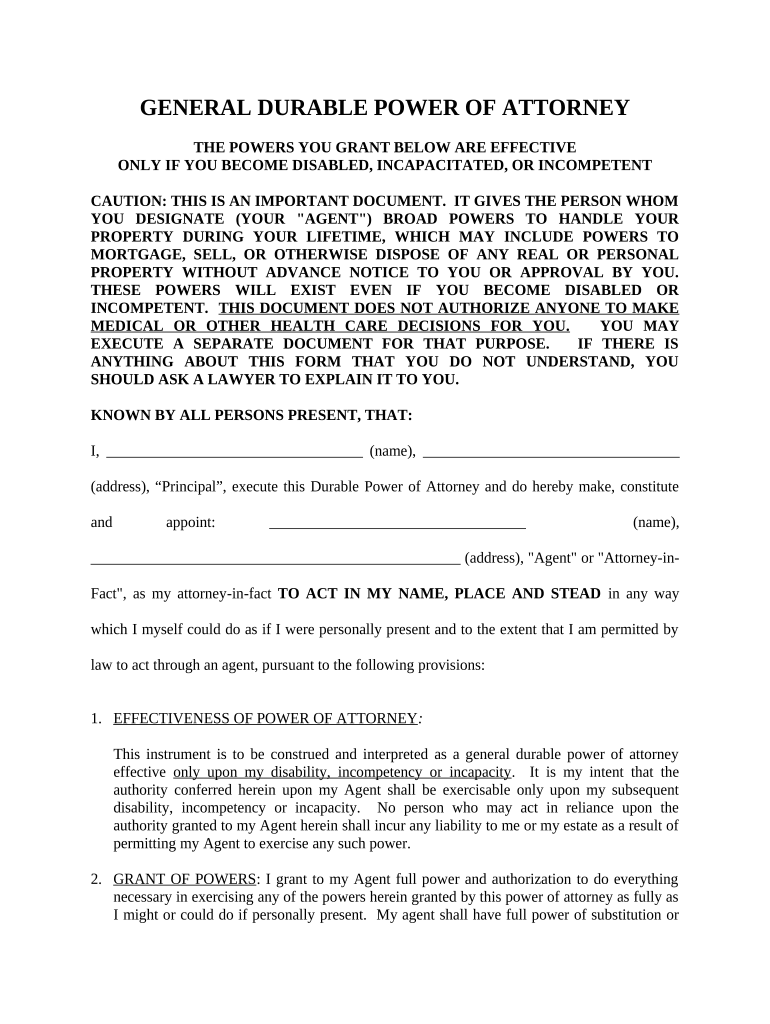 General Durable Power of Attorney for Property and Finances or Financial Effective upon Disability - South Carolina Preview on Page 1